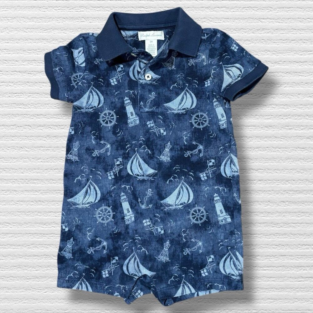 Ralph Lauren Baby Boy 9M Navy Nautical Sailboat Print Polo Romper